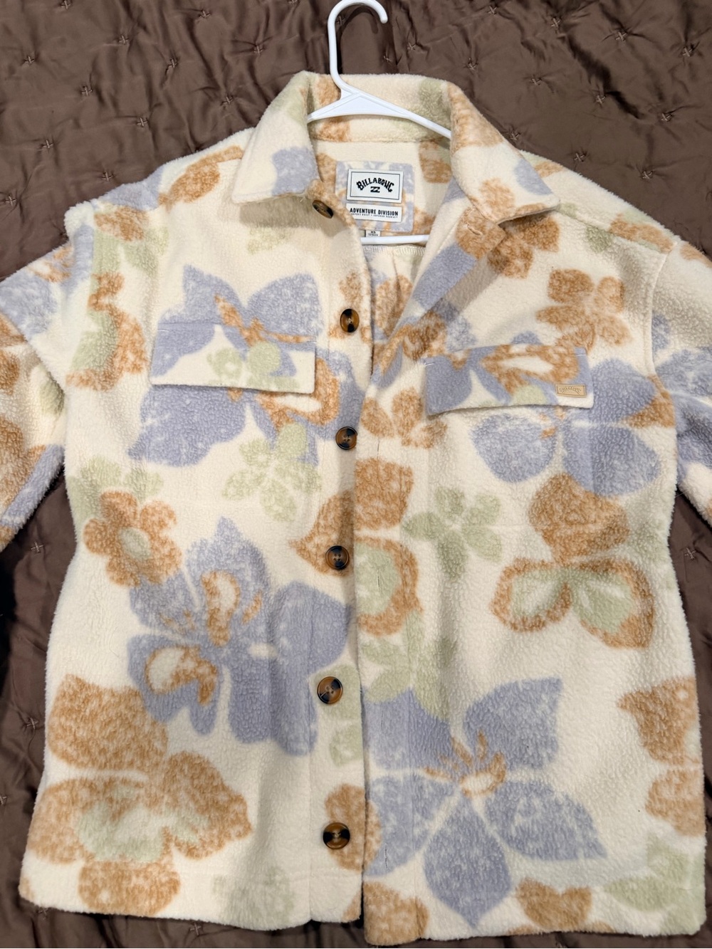 Billabong Cream Floral Sherpa Jacket with Blue and Tan Accents